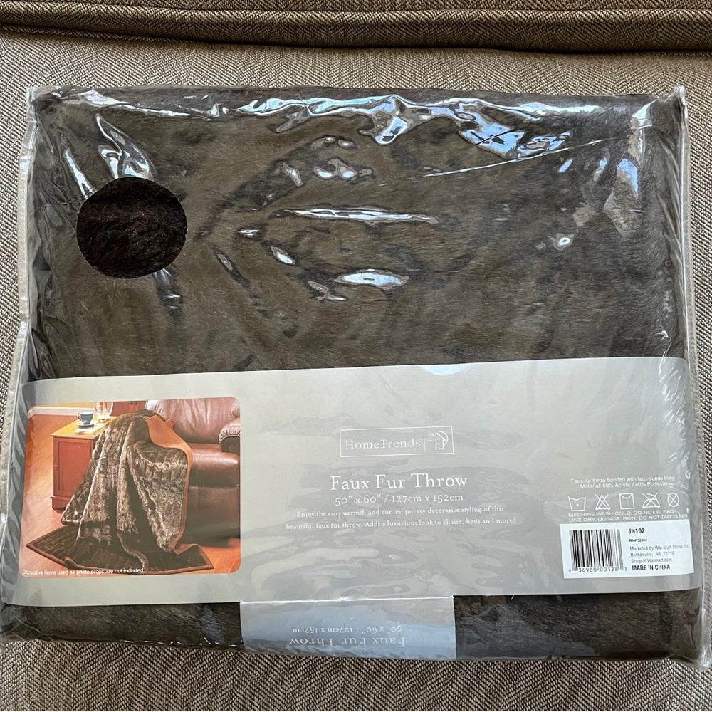 NWT Home Trends 50” x 60” Luxurious Brown Faux Fur Throw